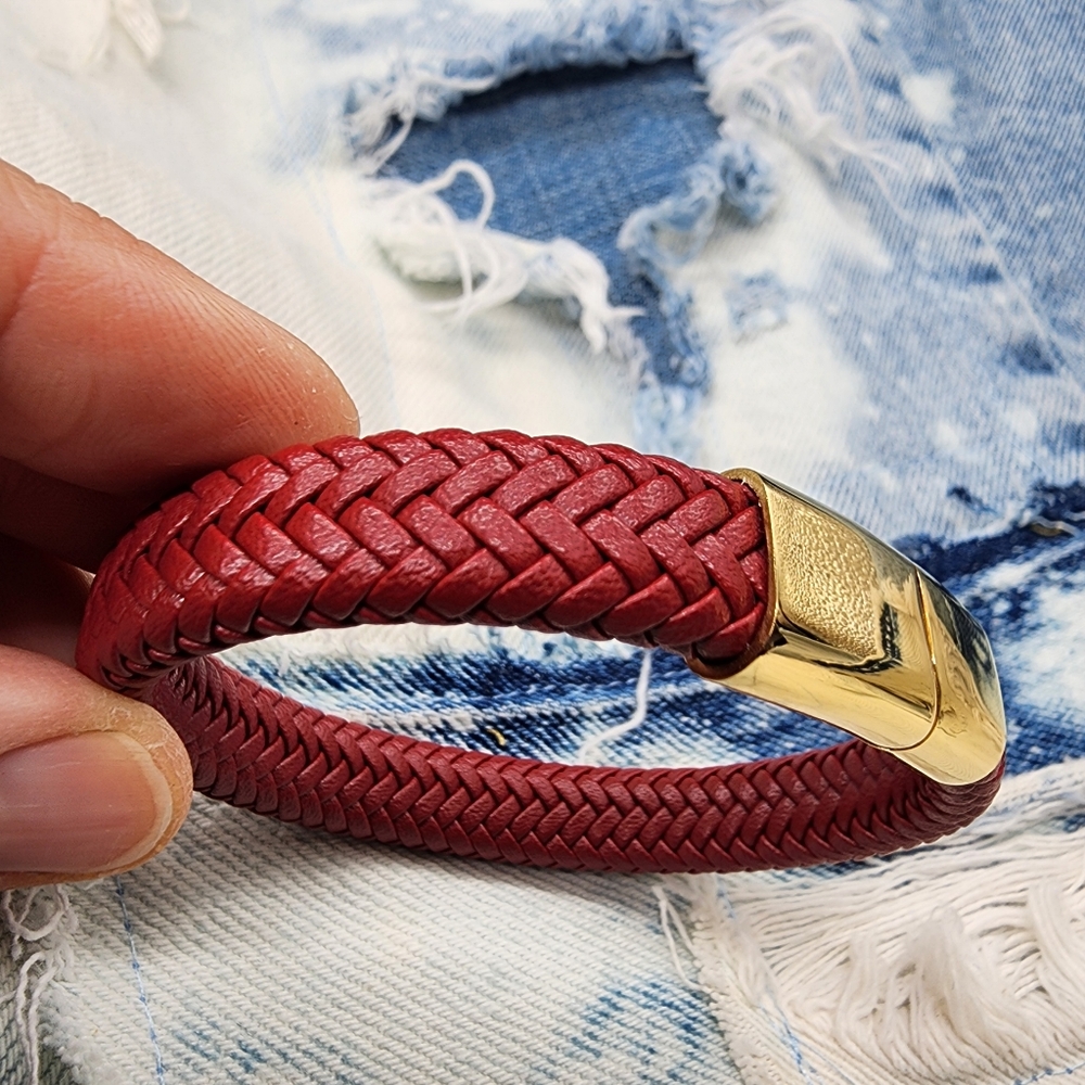 Designer Bracelet 14K Yellow Gold Plated Clasp Genuine Red Leather Belt